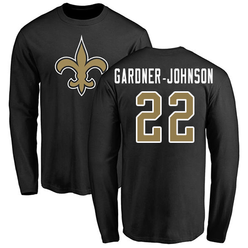 Men New Orleans Saints Black Chauncey Gardner Johnson Name and Number Logo NFL Football #22 Long Sleeve T Shirt->nfl t-shirts->Sports Accessory